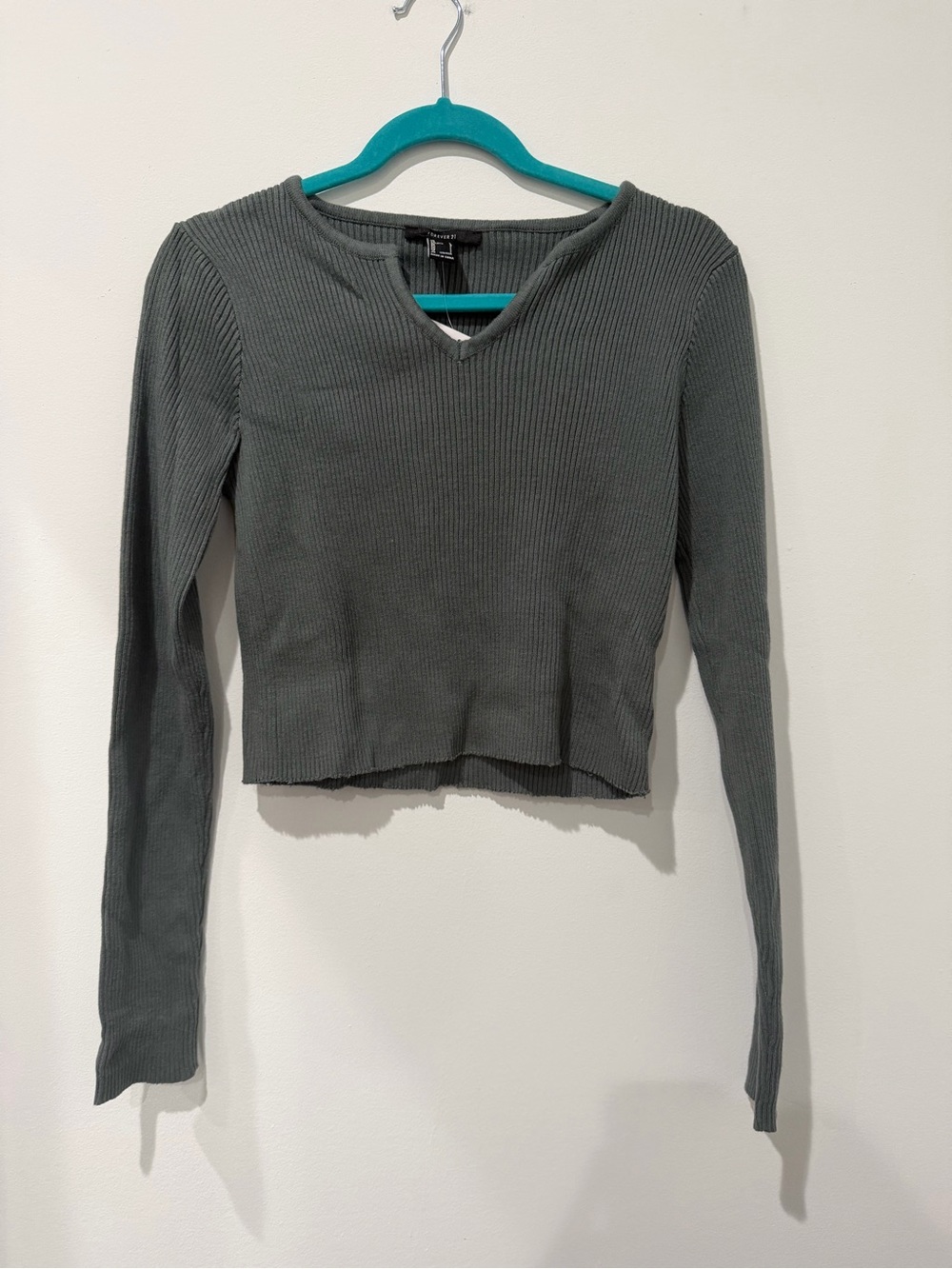 Forever 21 Olive Gray Ribbed V-Neck Long Sleeve Crop Top